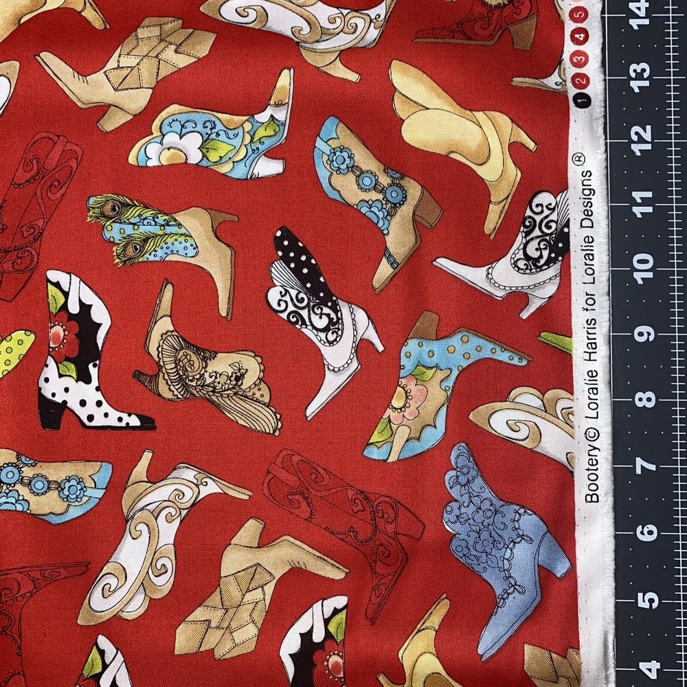 Bootery Cowgirl Boots On Red Loralie Harris 1/2 Yard Cotton Fabric New