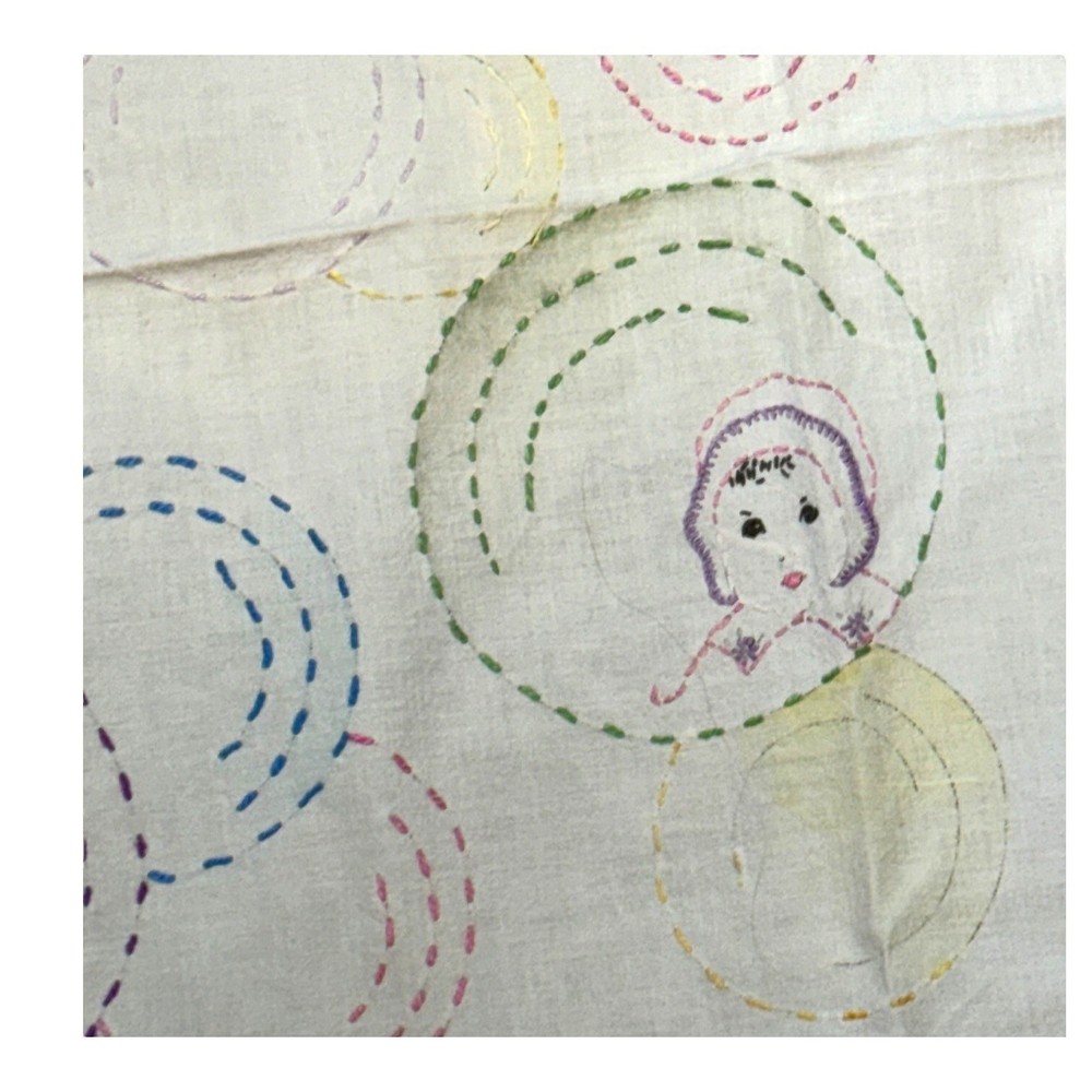 Vintage Hand Embroidered Baby Doll Child Faces & Printed Fabric 56.5 x 33.5 SEE