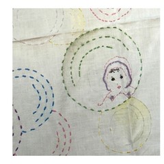 Vintage Hand Embroidered Baby Doll Child Faces & Printed Fabric 56.5 x 33.5 SEE