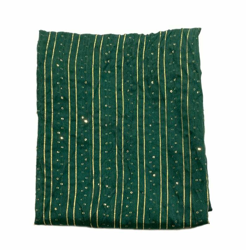 Bottle Green Embroidered Soft Cotton Fabric-Sale by Half a Yard-Stripes, sequins