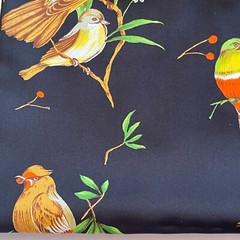 1+ Yard Black Fabric With Tropical Birds Leaves Satin Silky Gold Yellows Reds
