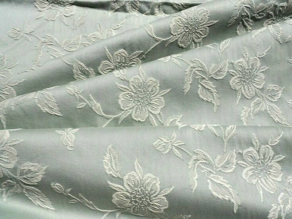 Light Teal Warm White Home Decor Crafts Jacquard Roses Satin Stitch Cotton BTY