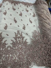 3D Floral Lace Fabric Light Mauve Beaded Embroidered Bridal Wedding Lace