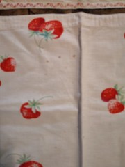 Vintage cotton print fabric strawberries on white curtains 36″x 15″ each