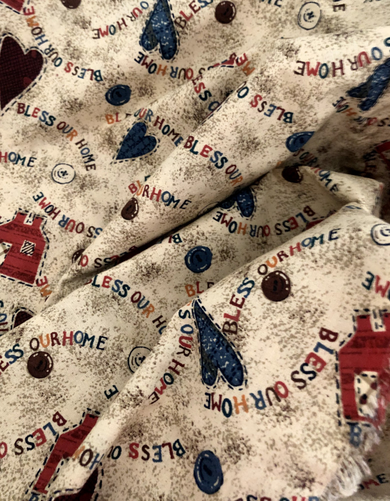 Vtg 3/4 yd 45X32″ Beige Red Blue BLESS OUR HOUSE Hearts Barn Quilt FABRIC FARM