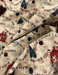 Vtg 3/4 yd 45X32″ Beige Red Blue BLESS OUR HOUSE Hearts Barn Quilt FABRIC FARM