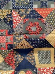 Cotton Fabric Red Navy Mustard Calico Printed Blocks 2Y No Selvedge One Side