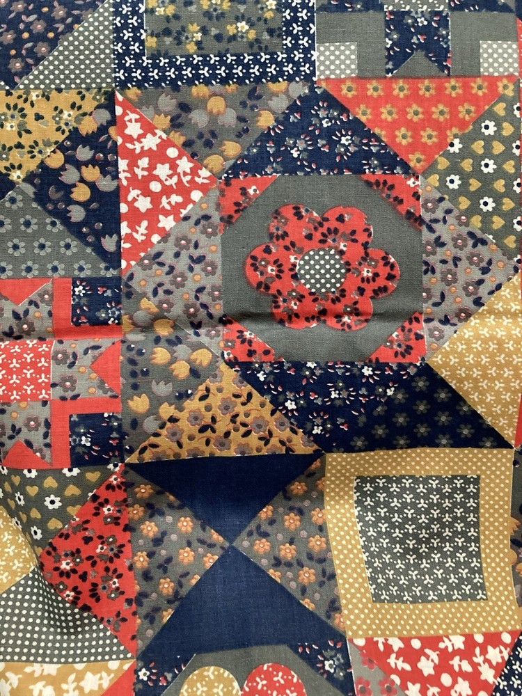 Cotton Fabric Red Navy Mustard Calico Printed Blocks 2Y No Selvedge One Side