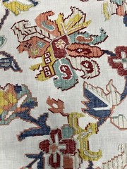 0.7 Yard Of Tapestry Red Teal Jane Churchill Embroidered Linen Drapery Remnant