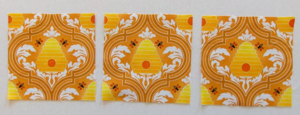 Fabric Cotton Pic C -Honey Bees on Honey Hive 3 Pieces – 4 3/4″ L x 4 3/4″ W