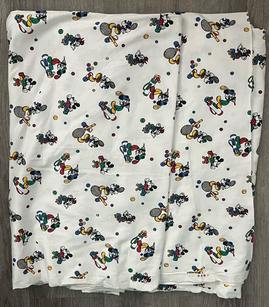 Vtg 80s Disney Fabric 4.5 Yards X 60” Mickey Minnie Golf Tennis White Cotton VTG