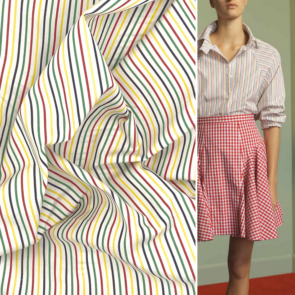 Rainbow Striped Cotton Fabric by the Yard 58W | Green Red Yellow Navy White