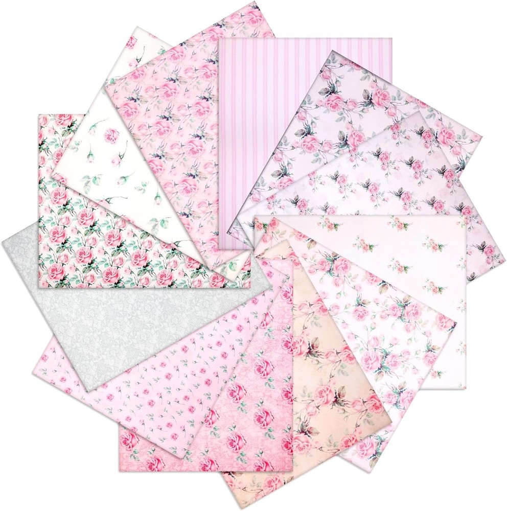 12 Pieces Floral Cotton Fabric Bundle, 18 X 22 Inch Pink Rose Flower Quilting Sq