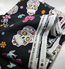 2-7/8+yds David Textiles Sugar Skulls Fabric Day Of The Dead Glitter Flowers