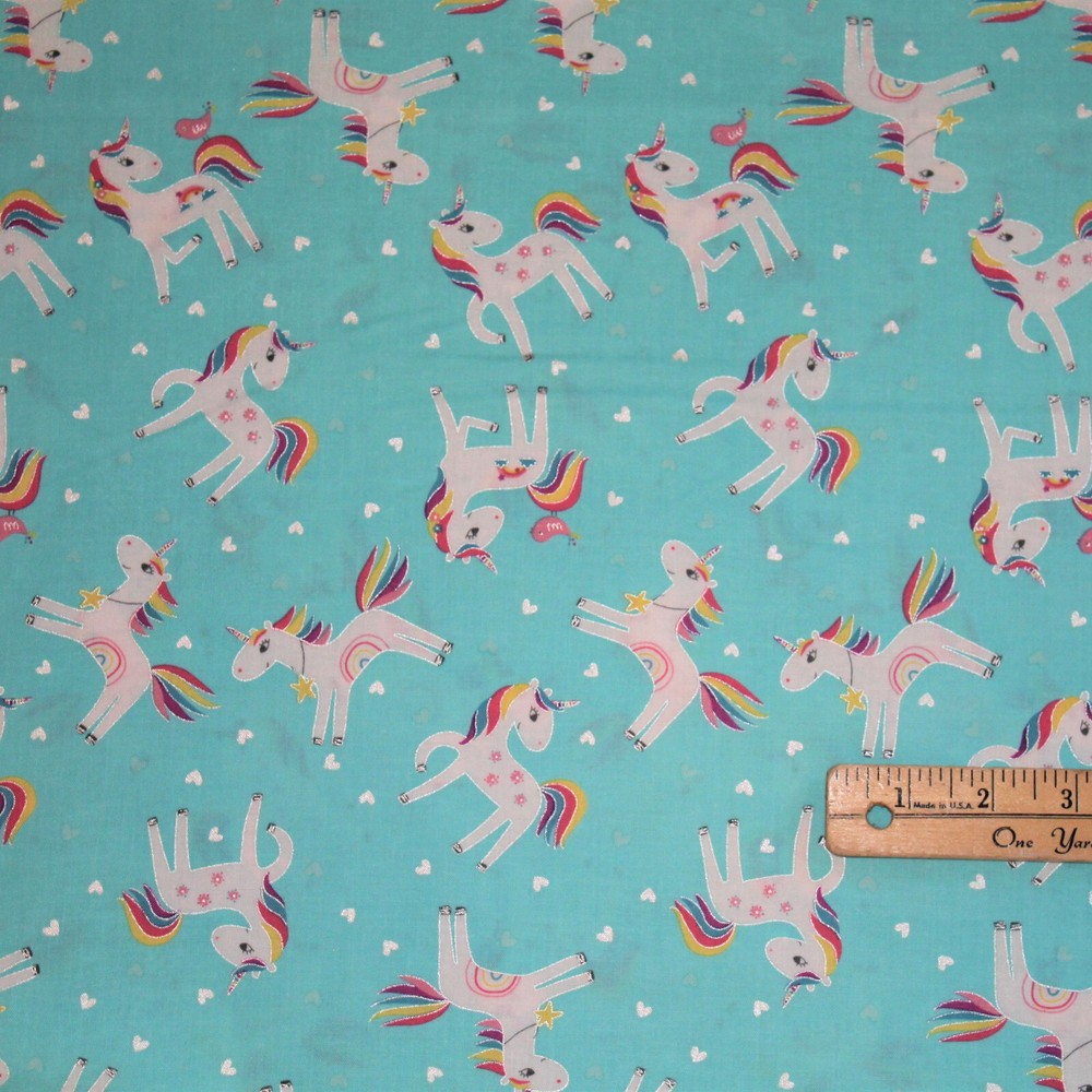 Unicorn Magic Aqua Unicorn Love Pearlized Print Cotton Fabric 1/2 Yard #9798-04