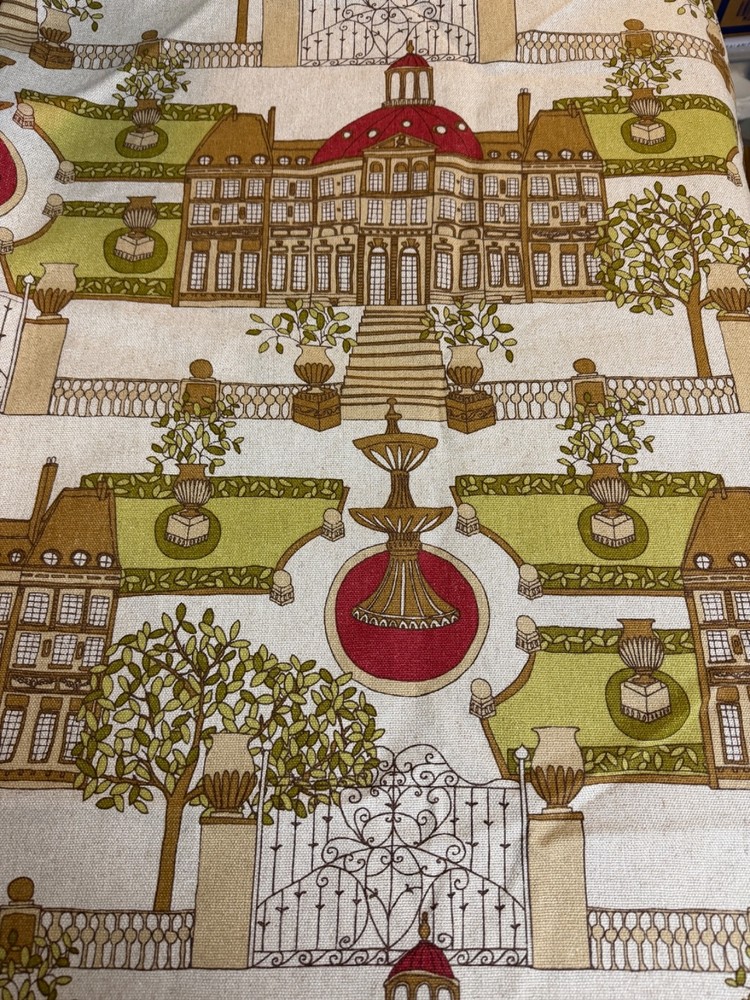 Fabric Lot 2 Yds 34 In 54 W Architectural Theme Tan Green Red Uphol Heavy Weight