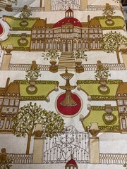 Fabric Lot 2 Yds 34 In 54 W Architectural Theme Tan Green Red Uphol Heavy Weight