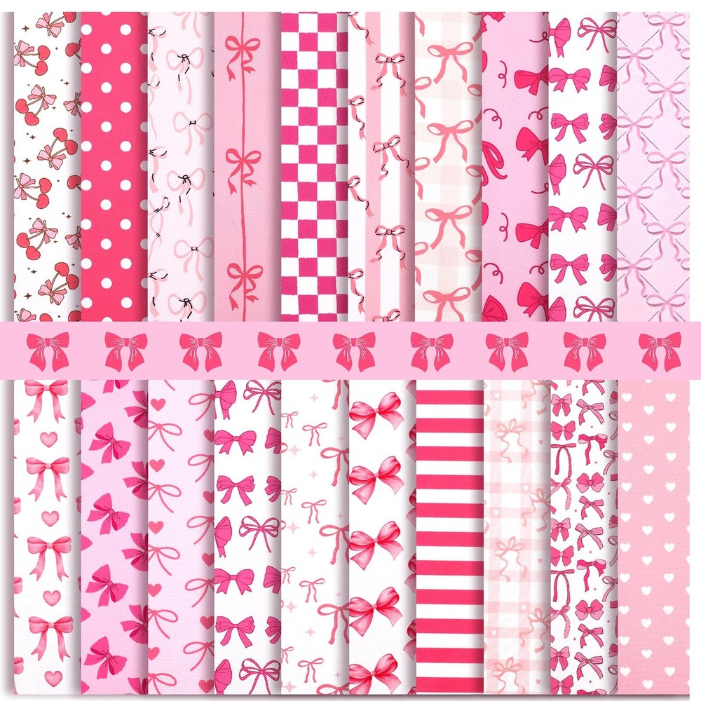 20 PCS 10×10 Inch Pink Bow Quilting Fabric Squares Coquette Precuts Heart