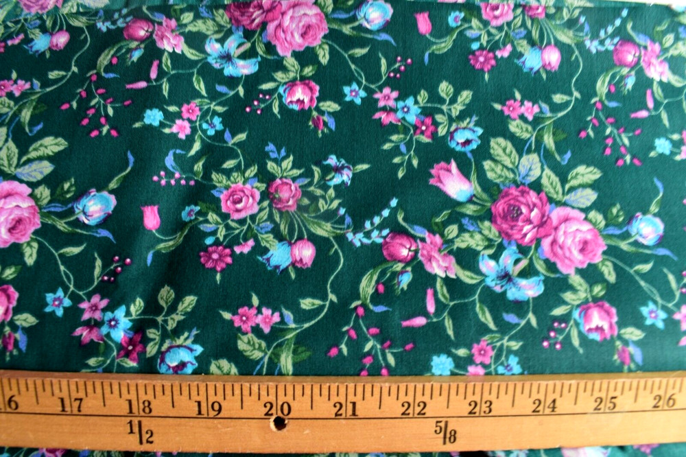 MULTI FLOWER PRINT ON DARK GREEN COTTON BLEND FABRIC WAMSUTTA 3 1/2 YARDS
