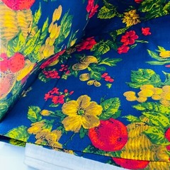 1+ Yard Vintage House N Home Fabrics Fruit Baskets Blue Red Bark Cloth Cotton
