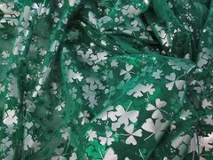 Green and Silver Sharmrock Print on Green Mesh Fabric 60 W x 2 yd AS IS Damaged