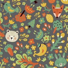 1PCS 108×44 Inch 20COUNT Gray Forest Friend Cotton Print Quilting Fabric 3 Yards