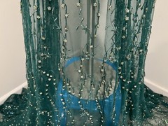 Green Silver 3D Fringe Beaded Sequins Embroidery Lace Fabric 50” Width 1 Yard