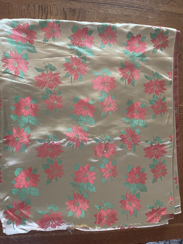 Vintage Poinsettia Satin Brocade Fabric 6 Yards Metallic Gold Red Green