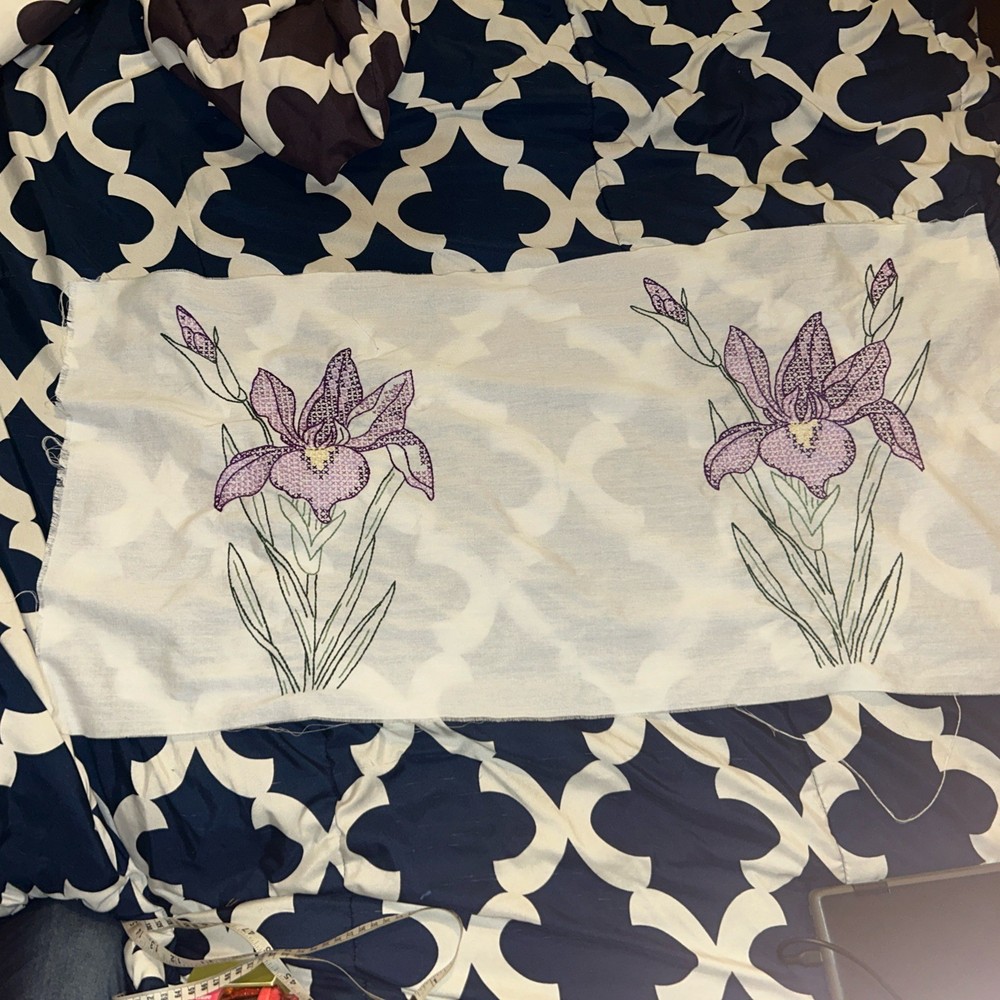 Embroidered purple flowers on green leafs 35 inches long 18in wide