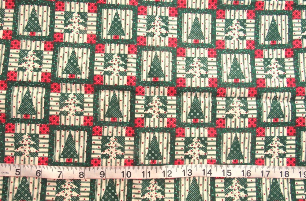1 3/8 yd Cotton Fabric Squares with Green, Red & Cream Stripes & Trees