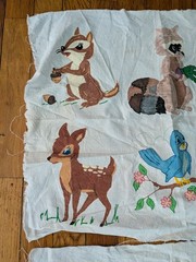 Vintage Hand-Painted Woodland Animal Fabric Panels (2) 19×22 Squirrel Raccoon