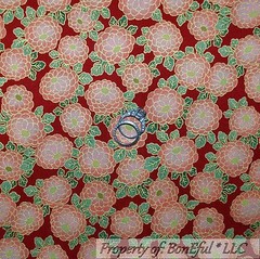 BonEful FABRIC FQ Cotton Quilt Red Green Gold Leaf Asian FLOWER Garden Victorian