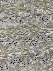 Allie IVORY 3D Floral Polyester Satin Rosette with Sequins Fabric by the Yard –
