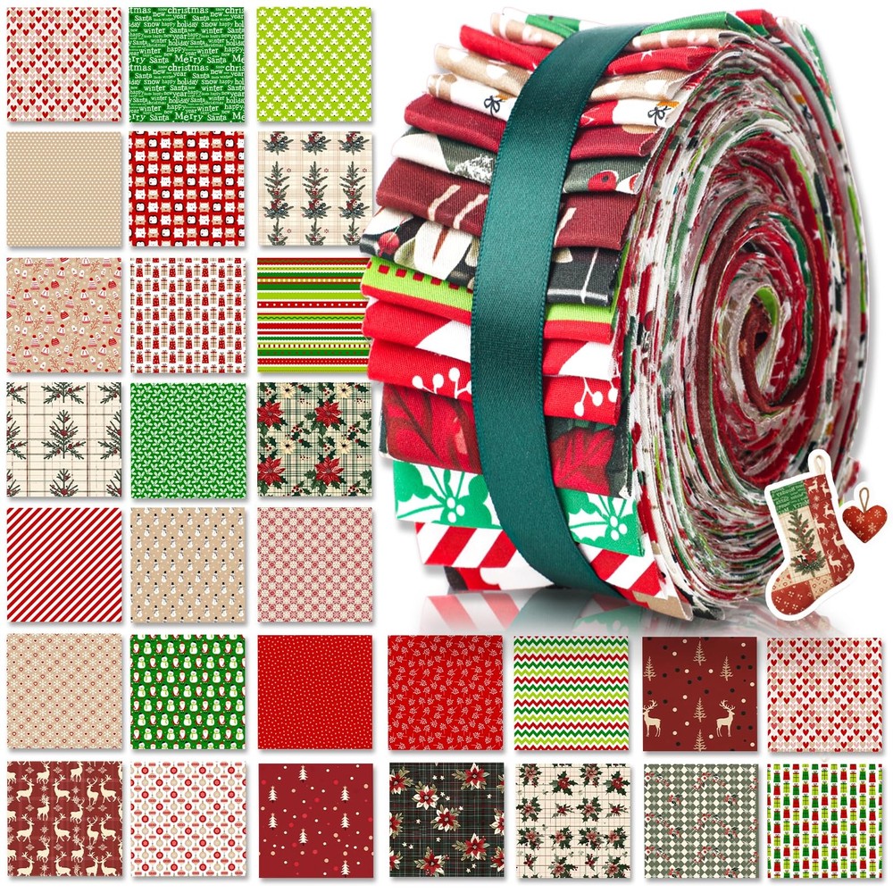 60 Pcs Christmas Quilting Fabric Roll 2.6 x 40 Cotton Fabric Strips Precut Je…