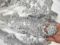 Silver Beaded Lace Fabric By The Yard 3d Floral Flowers Embroidery Sequins Prom