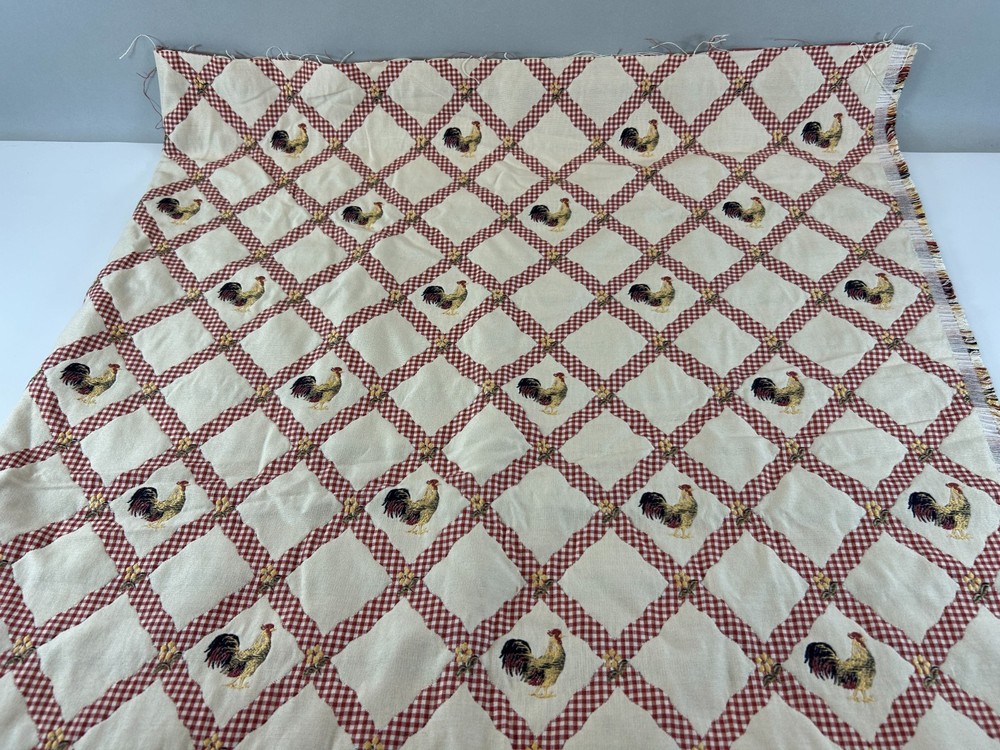 Embroidered Roosters Red & White Gingham Lattice on Ivory Upholstery Fabric 1 yd
