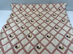 Embroidered Roosters Red & White Gingham Lattice on Ivory Upholstery Fabric 1 yd