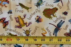 By 1/2 Yd, Colorful Critters & Bugs on Marbled Tan Quilt Cotton, Hoffman, P7195