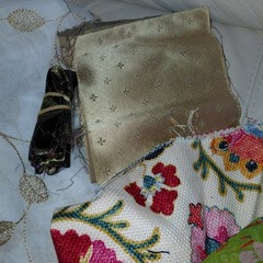 Lot Of embroidered embellishment remnants and fabrics pieces