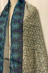 100% Silk Faille Geometric Motiff Border Teal Cream Dotted Pinwheel 6 Yards