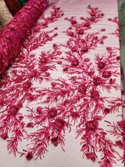 Flower 3D Lace Fuchsia Beaded Lace 3D Embroidered Fabric by Yard For Dress Prom