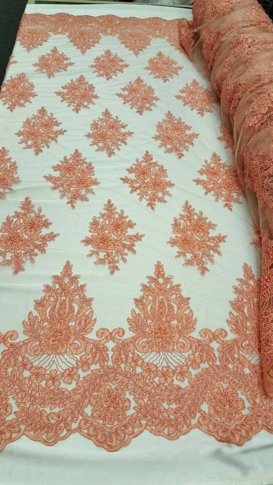 Coral Hand-Beaded Lace Fabric – Ideal for Prom Gowns, Quinceañera, and Bridal Dr