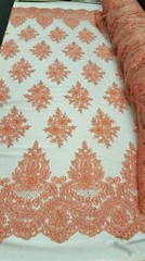 Coral Hand-Beaded Lace Fabric – Ideal for Prom Gowns, Quinceañera, and Bridal Dr
