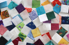 Lot of 25 cotton fabric 4-patch quilt squares 2.5″ blocks multicolor white