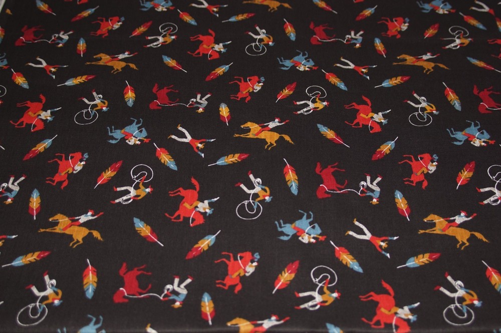 Vtg WAMSUTTA Cotton Duck Fabric *Cowboys, Horses, Lassos, Feathers BTY 45″ wide