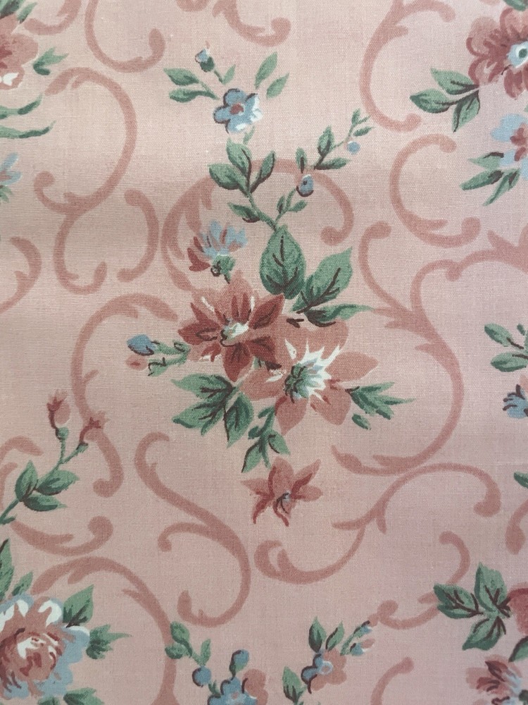 Vintage Joan Kessler Concord Floral Fabric 1.8 Yds Scroll Cotton Pink Mauve 90s