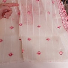 Red & White Organza Sari Fabric Curtain Stamped Border VALENTINE 42″ x 94″