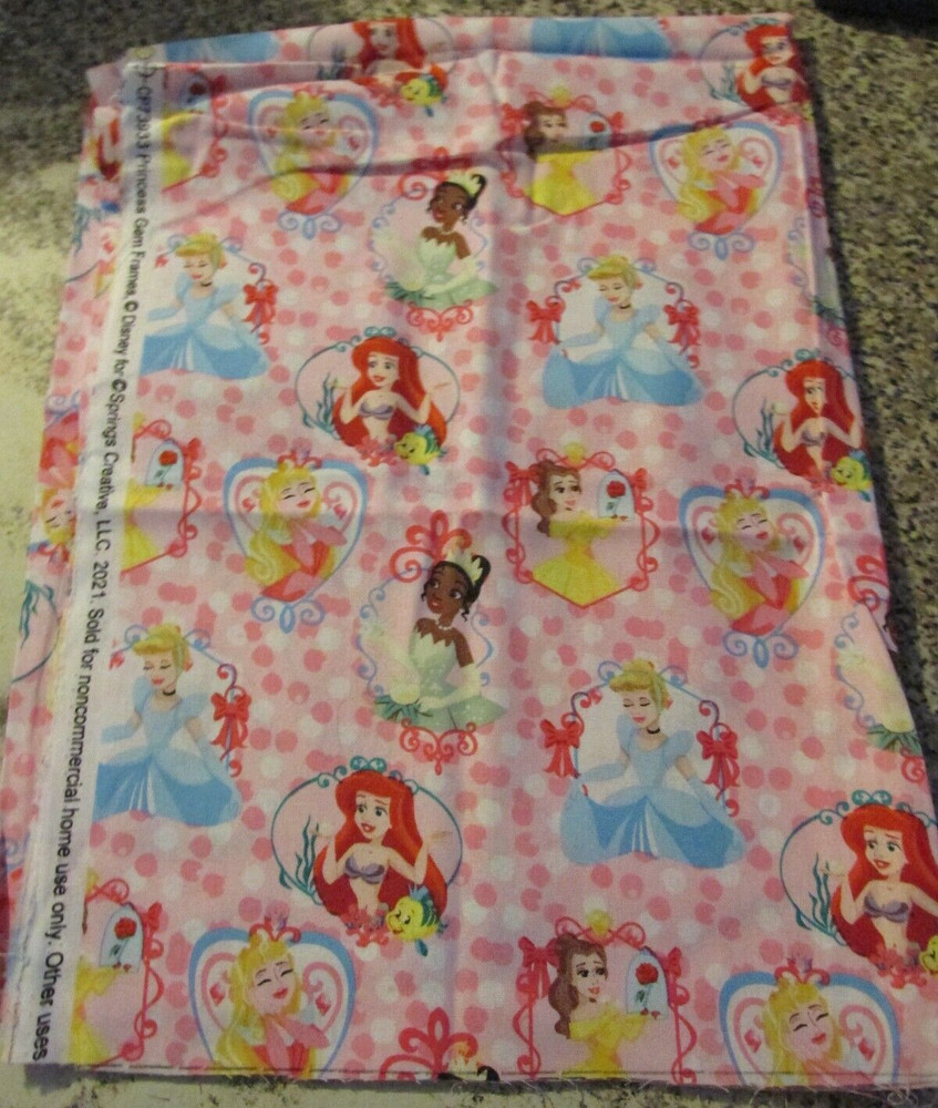 Vintage 30″ x 44″ Quilt Fabric Princess Gem Frames Disney Ariel Belle Cinderella