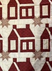 Vintage Red House Cheater Quilt Top. Cotton 10”x10” house. 7’ x 4 1/2’