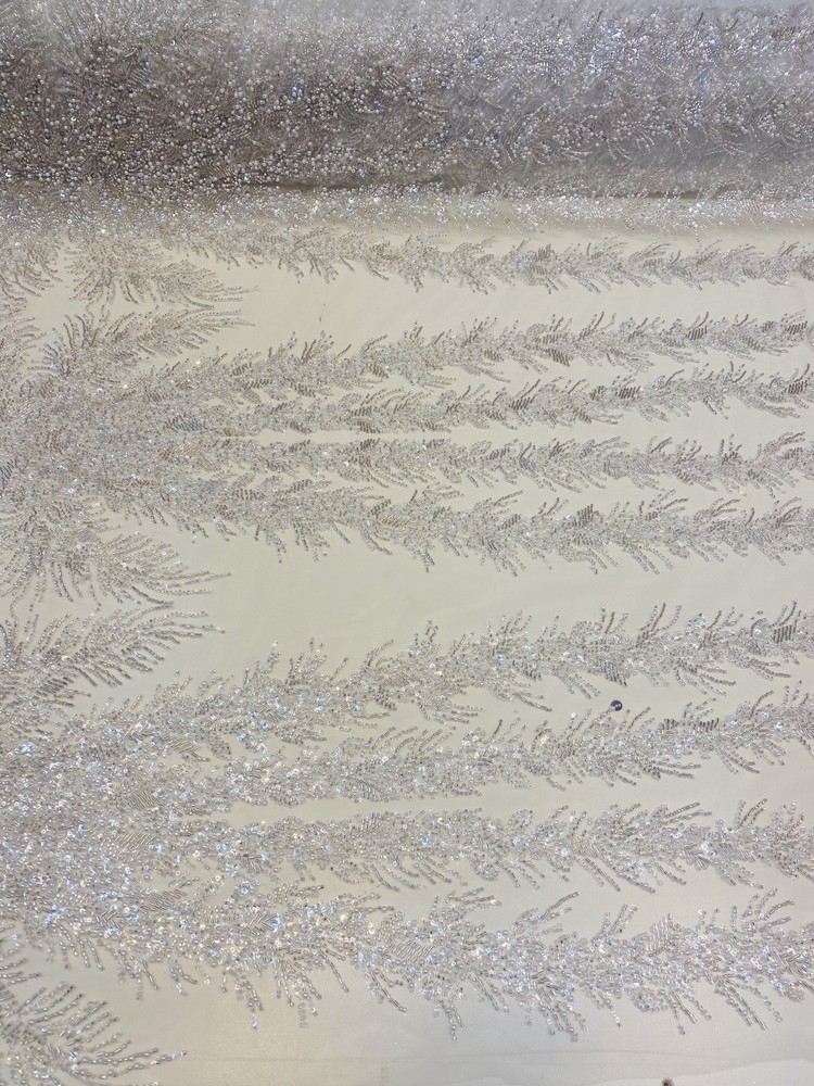 White Celestial Fern Beaded Lace Fabric – Crystal Embroidered Tulle Prom Fabric